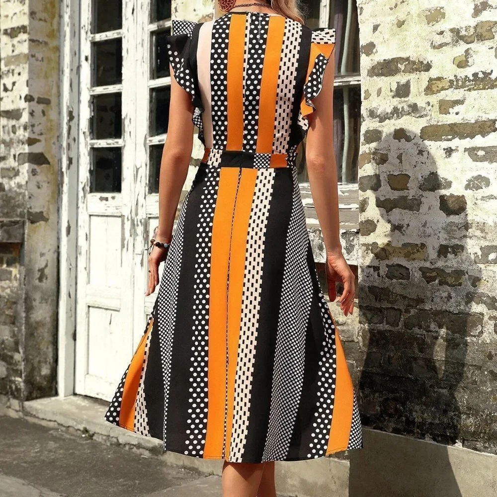 Multicolor Boho womens Polka Dot & Geo Print Ruffle Trim Dress - Picture 5 of 5